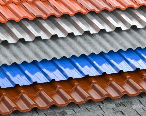 Different types of roof coating. Background from layers of sheet metal  profiles, ceramic tiles, asphalt roofing shingles and gypsum slate. 3d illustration